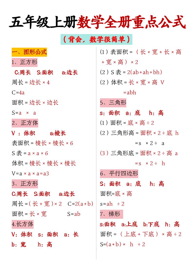 五上数学【全册重点公式】-我爱发帖