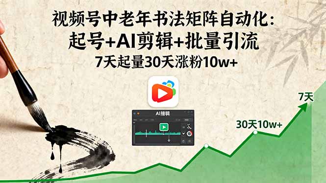 视频号中老年书法矩阵自动化：起号+AI剪辑+批量引流 7天起量30天涨粉10w+-我爱发帖