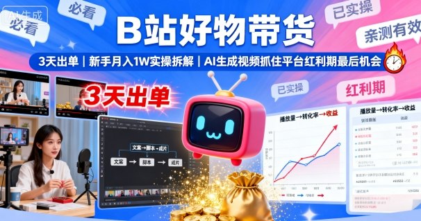 B站好物带货，3天出单，新手月入1W实操拆解，AI生成视频，抓住平台红利期最后机会-我爱发帖