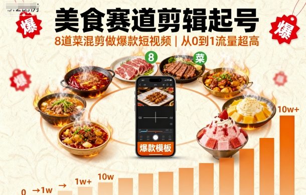 美食赛道剪辑起号，8道菜混剪做爆款短视频，从0到1，流量超高-我爱发帖