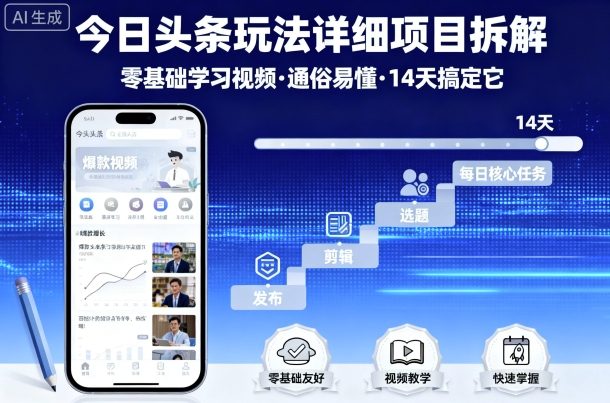 今日头条玩法详细项目拆解，零基础学习视频 通俗易懂 14天搞定它-我爱发帖
