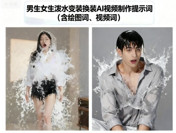 男生女生泼水变装换装AI视频制作提示词(含绘图词、视频词)-我爱发帖