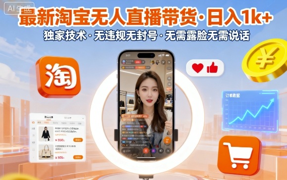 最新淘宝无人直播带货，日入1k+，独家技术，无违规无封号，无需露脸无需说话【揭秘】-我爱发帖