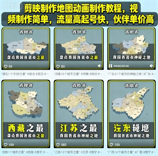 剪映制作地图动画制作教程，视频制作简单，流量高起号快，伙伴单价高-我爱发帖
