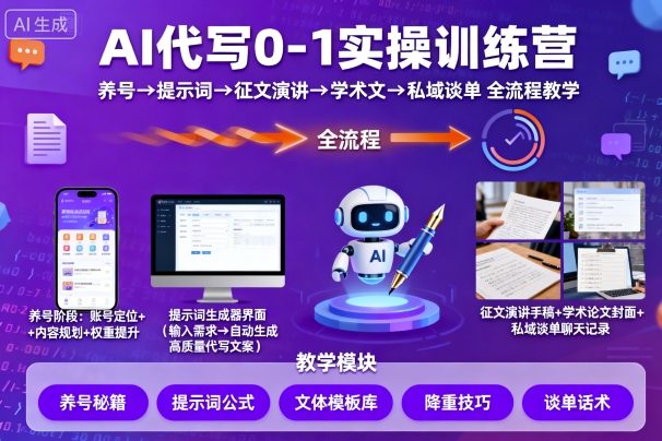 AI代写0-1实操训练营，从养号、提示词、征文演讲、学术文，到私域谈单的全流程教学-我爱发帖