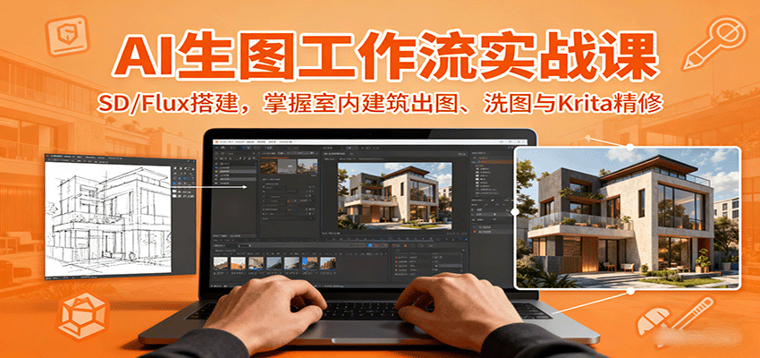 AI生图工作流实战课：SD/Flux搭建，掌握室内建筑出图、洗图与Krita精修-我爱发帖