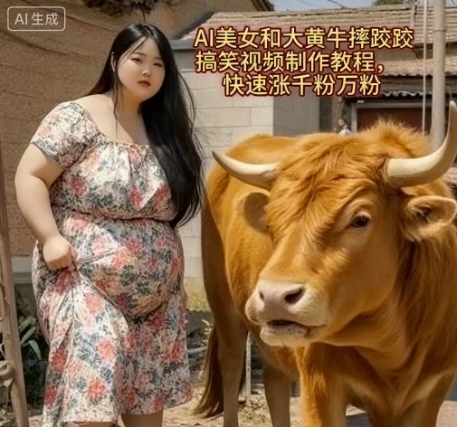 AI美女和大黄牛摔跤搞笑荒诞视频制作教程，快速涨千粉万粉-我爱发帖