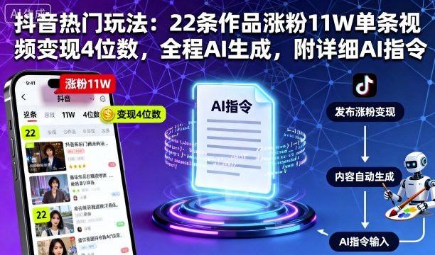抖音热门玩法：22条作品涨粉11W单条视频变现4位数，全程AI生成，附详细AI指令-我爱发帖