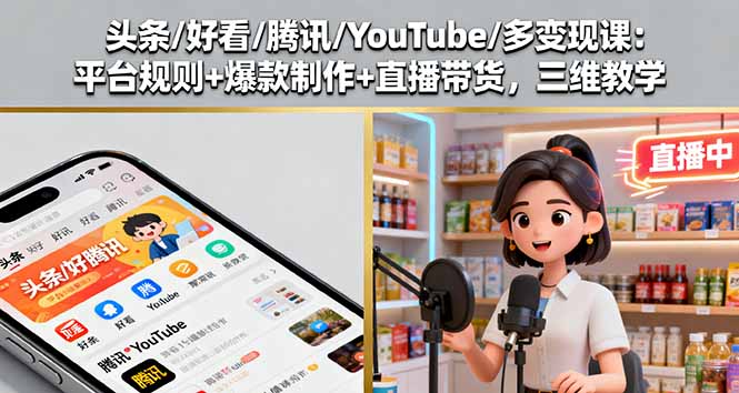 头条/好看/腾讯/YouTube/多变现课：平台规则+爆款制作+直播带货，三维教学-我爱发帖