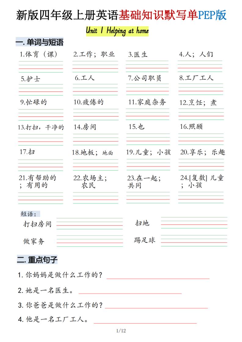 四年级上人教PEP版英语基础知识默写单-我爱发帖