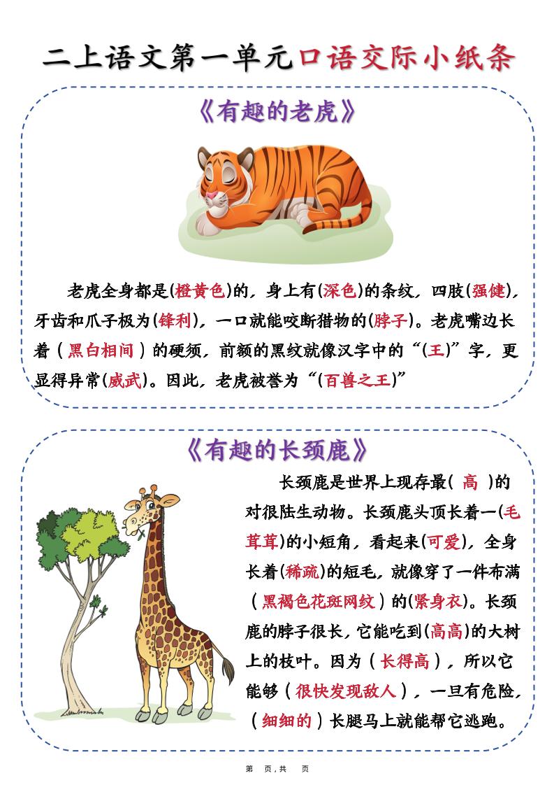 新二上语文第一单元《有趣的动物》口语交际小纸条（含空白14页）-我爱发帖