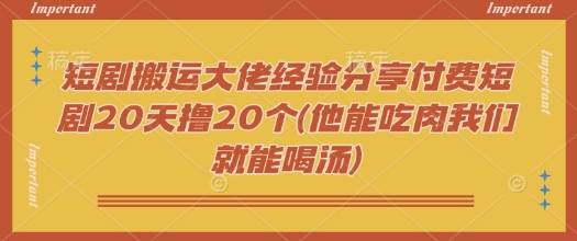 短剧搬运大佬经验分享付费短剧20天撸20个(他能吃肉我们就能喝汤)-我爱发帖