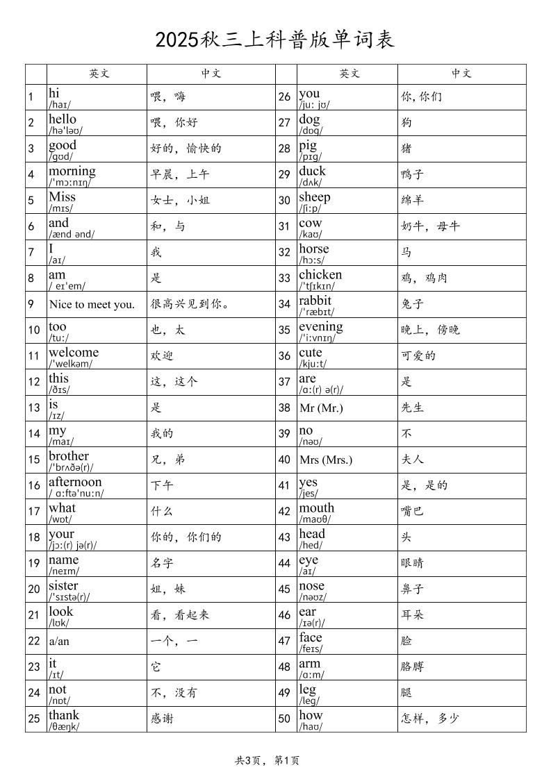 2025秋三上英语科普版单词表-我爱发帖