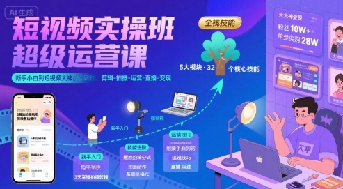短视频实操班超级运营课，新手小白到短视频大神必修课程，剪辑-拍摄-运营-直播-变现-我爱发帖