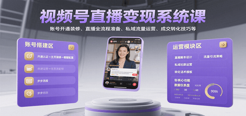 视频号直播变现系统课，账号开通装修、直播全流程准备、私域流量运营、成交转化技巧等-我爱发帖