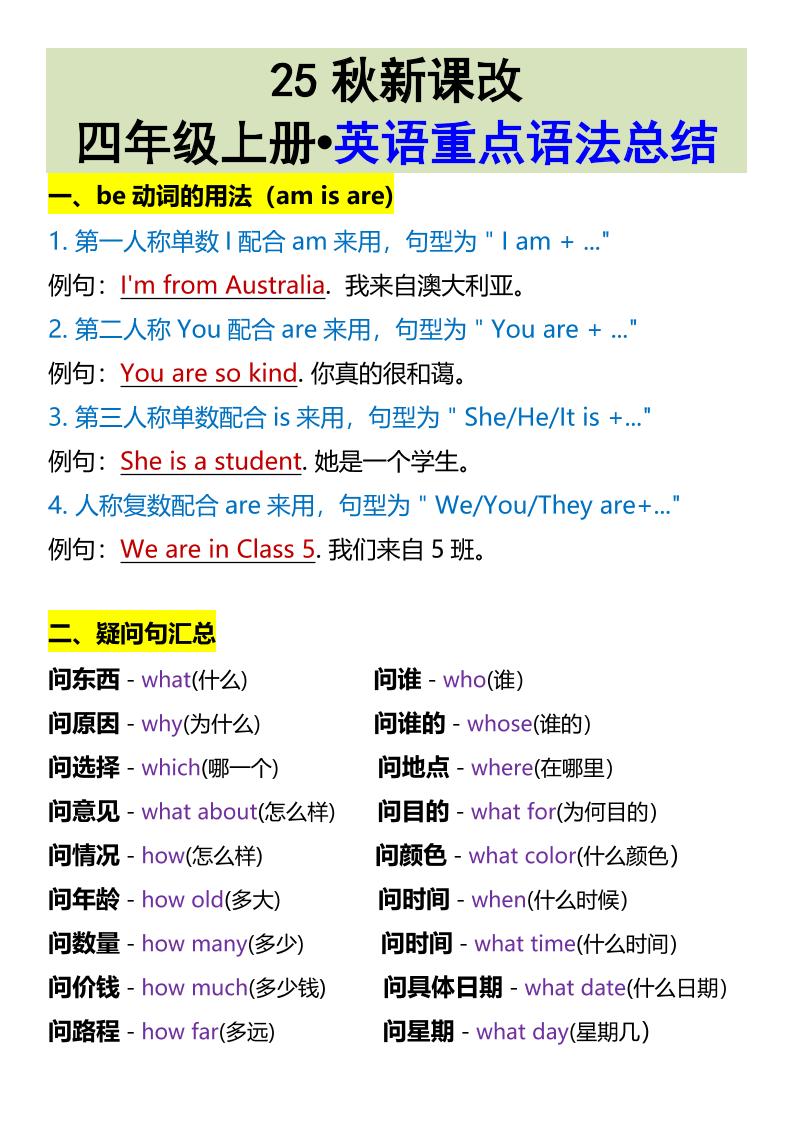 【2025秋新版】四年级上册•英语重点语法总结-我爱发帖