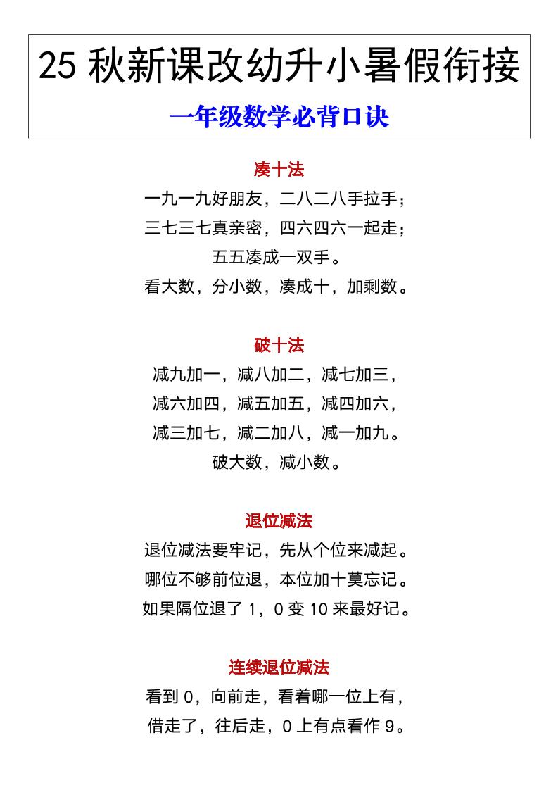 【2025秋新版】幼升小暑假衔接一年级数学必背口诀-一上数学-我爱发帖