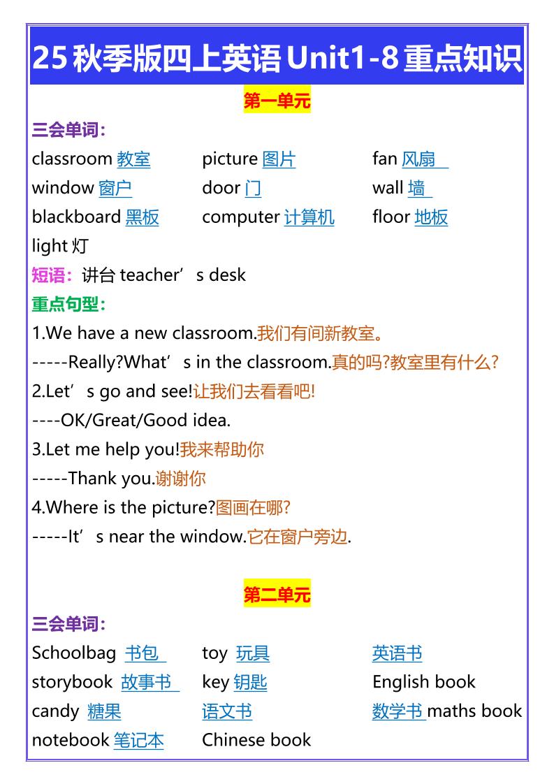 【2025秋新版】四年级上册英语Unit1-8重点知识-我爱发帖