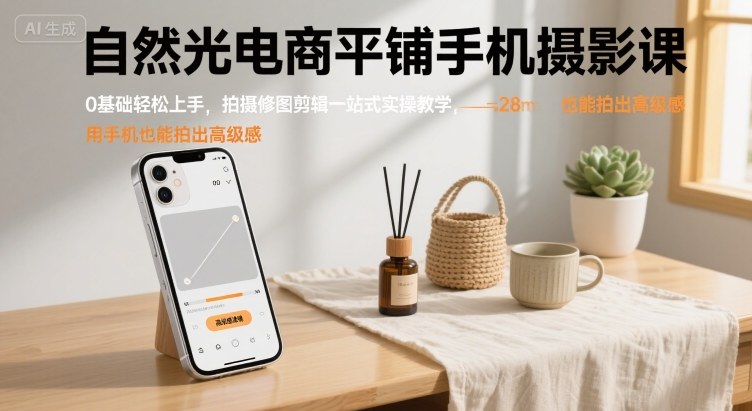 自然光电商平铺手机摄影课，0基础轻松上手，拍摄修图剪辑一站式实操教学，用手机也能拍出高级感-我爱发帖
