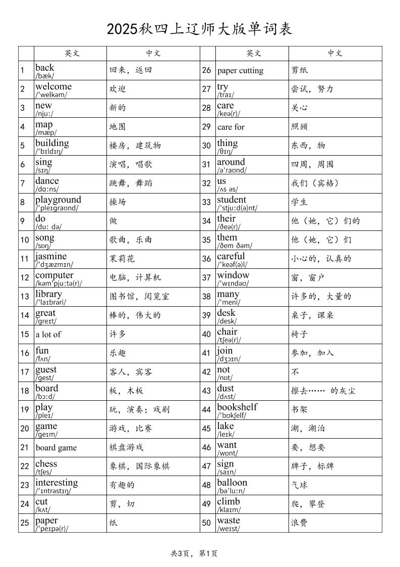 2025秋四上英语辽师大版单词表-我爱发帖