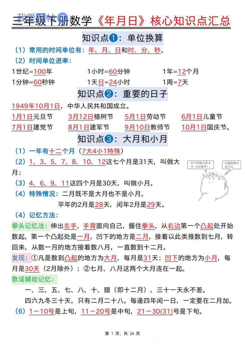 三下数学《年月日》核心知识点汇总+计算技巧+六大考点必刷题（练习+答案24页）-我爱发帖