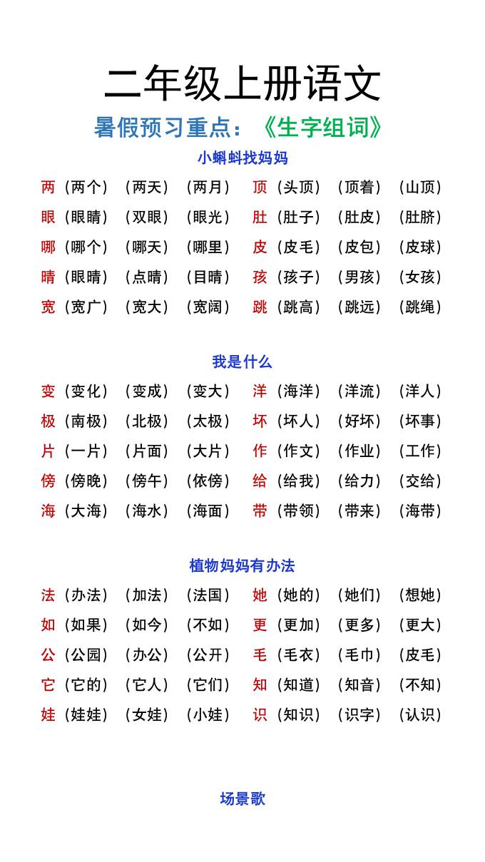 二年级上册语文暑假预习重点《生字组词汇总》-我爱发帖