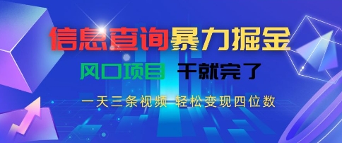 信息查询暴力掘金，一天三条视频，轻松变现四位数，风口项目干就完了【揭秘】-我爱发帖