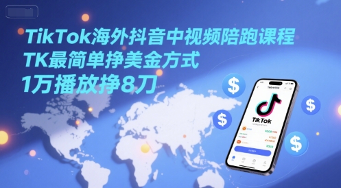 TikTok海外抖音中视频陪跑课程，TK最简单挣美金方式，1万播放挣8刀-我爱发帖