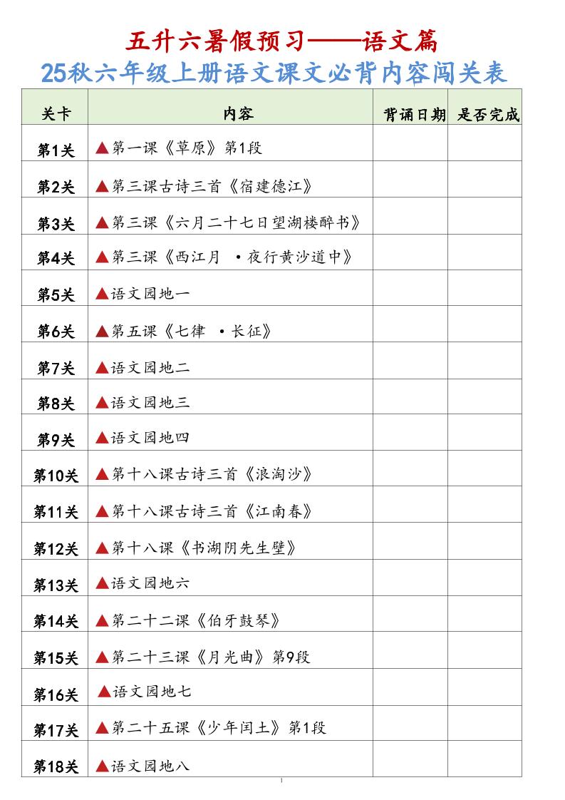 25秋六上语文课文必背内容背诵闯关表7页-我爱发帖