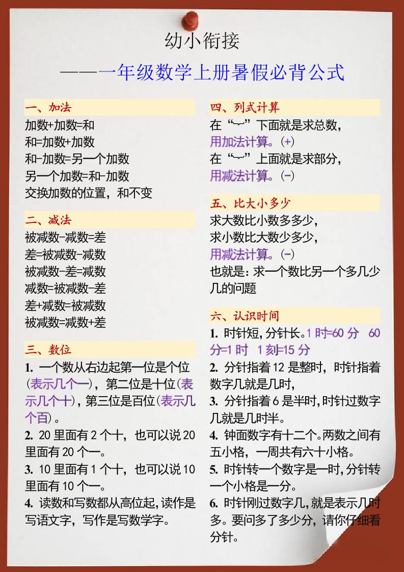 幼小衔接一年级数学上册暑假必背公式-我爱发帖