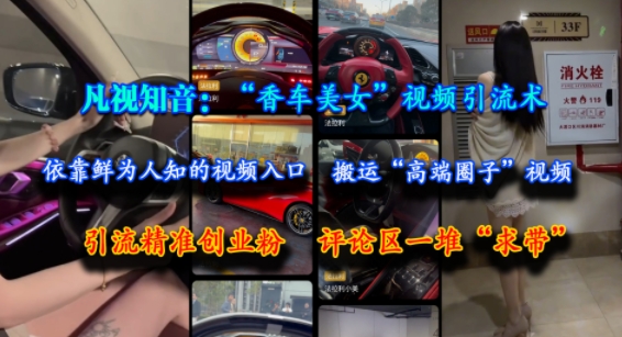 凡视知音：“香车美女”视频引流术，依靠鲜为人知的视频入口，搬运“高端圈子”视频，引流精准创业粉，评论区一堆“求带”-我爱发帖
