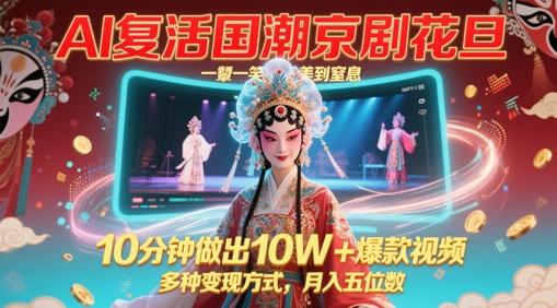 AI复活国潮京剧花旦，一颦一笑美到窒息，10分钟做出10W+爆款视频，多种变现方式，月入五位数-我爱发帖