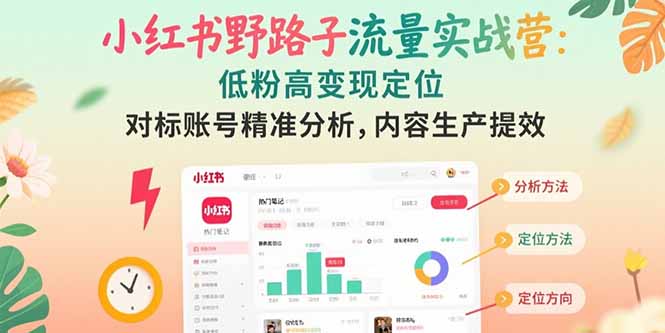 小红书野路子流量实战营：低粉高变现定位 对标账号精准分析 内容生产提效-我爱发帖