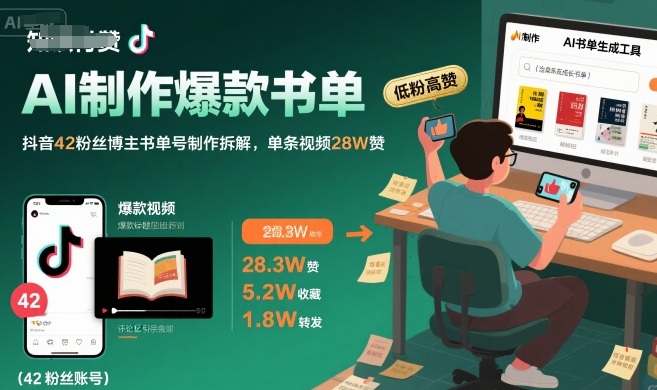 AI制作爆款书单，抖音42粉丝博主书单号制作拆解，单条视频28W赞-我爱发帖