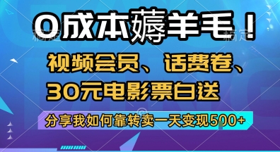 0成本薅羊毛!视频会员、话费卷、30元电影票白送，分享我如何靠转卖一天变现5张+【揭秘】-我爱发帖