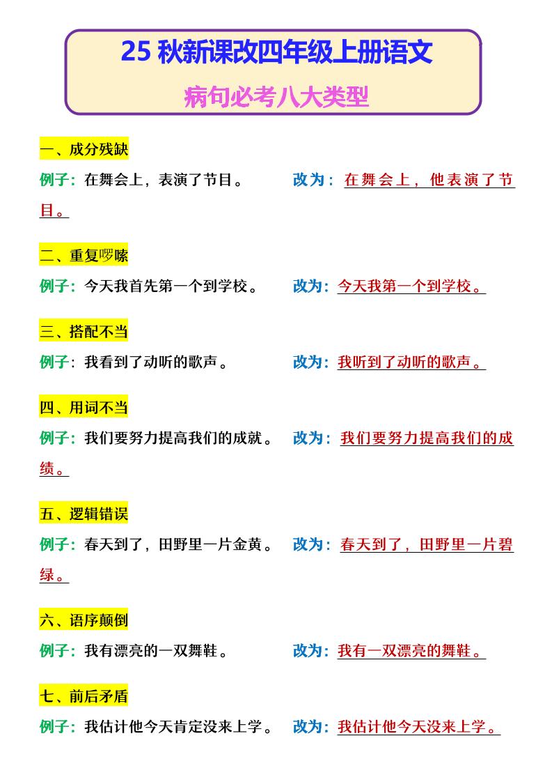【2025秋新版】四年级上册语文病句必考八大类型-我爱发帖