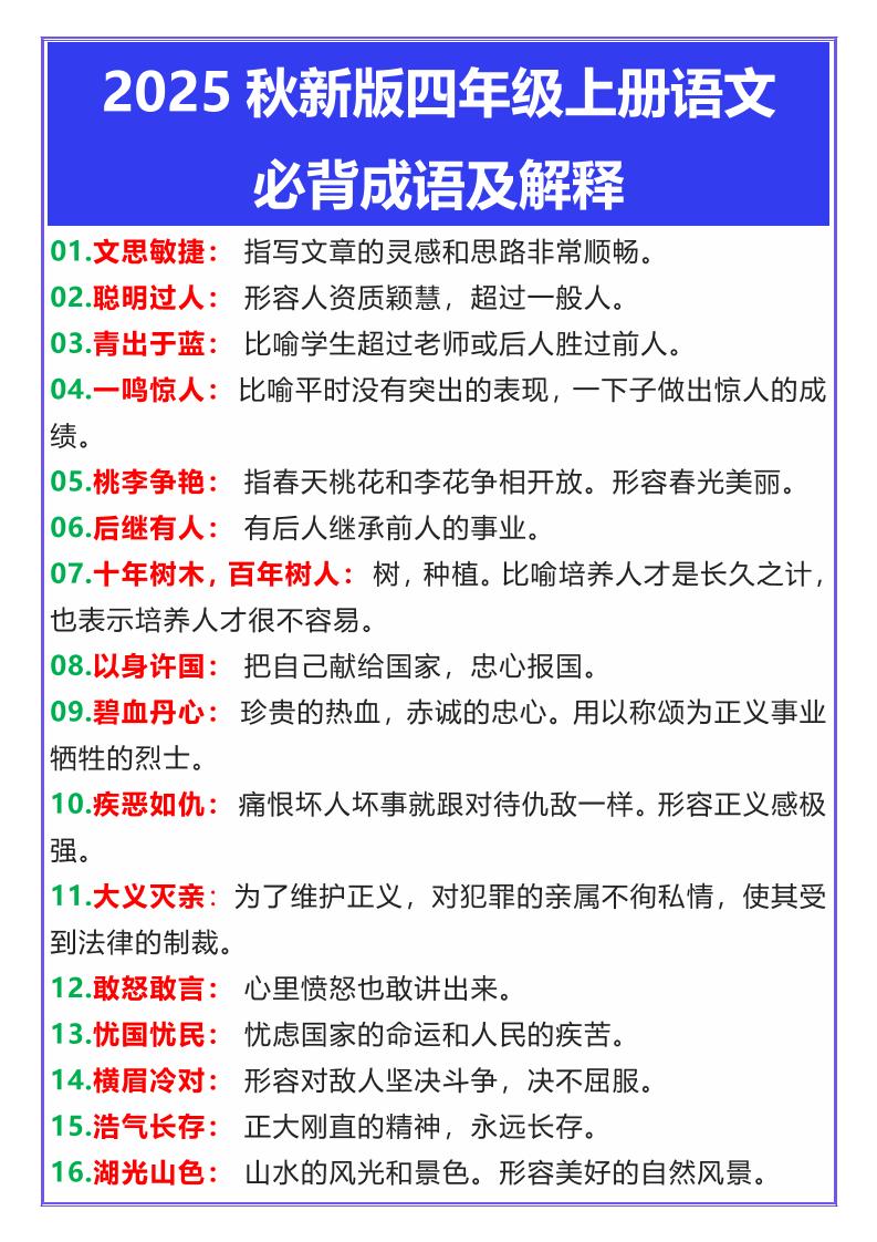 【2025秋新版】四年级上册语文必背成语及解释-我爱发帖