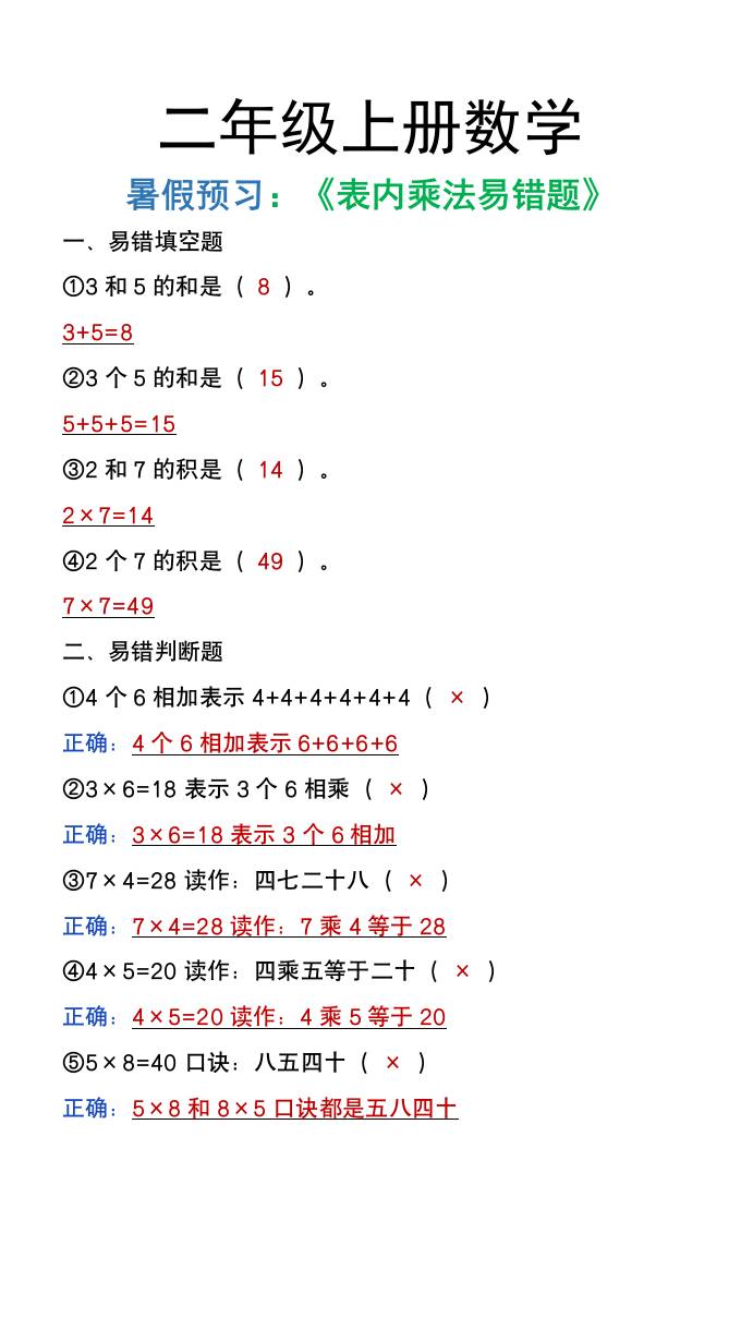 二年级上册数学暑假预习《表内乘法易错题》-我爱发帖