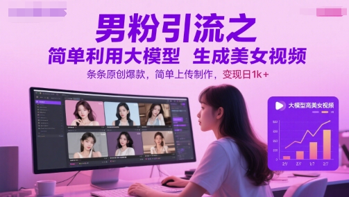 男粉引流之简单利用大模型生成美女视频，条条原创爆款，简单上传制作，变现日1k+-我爱发帖