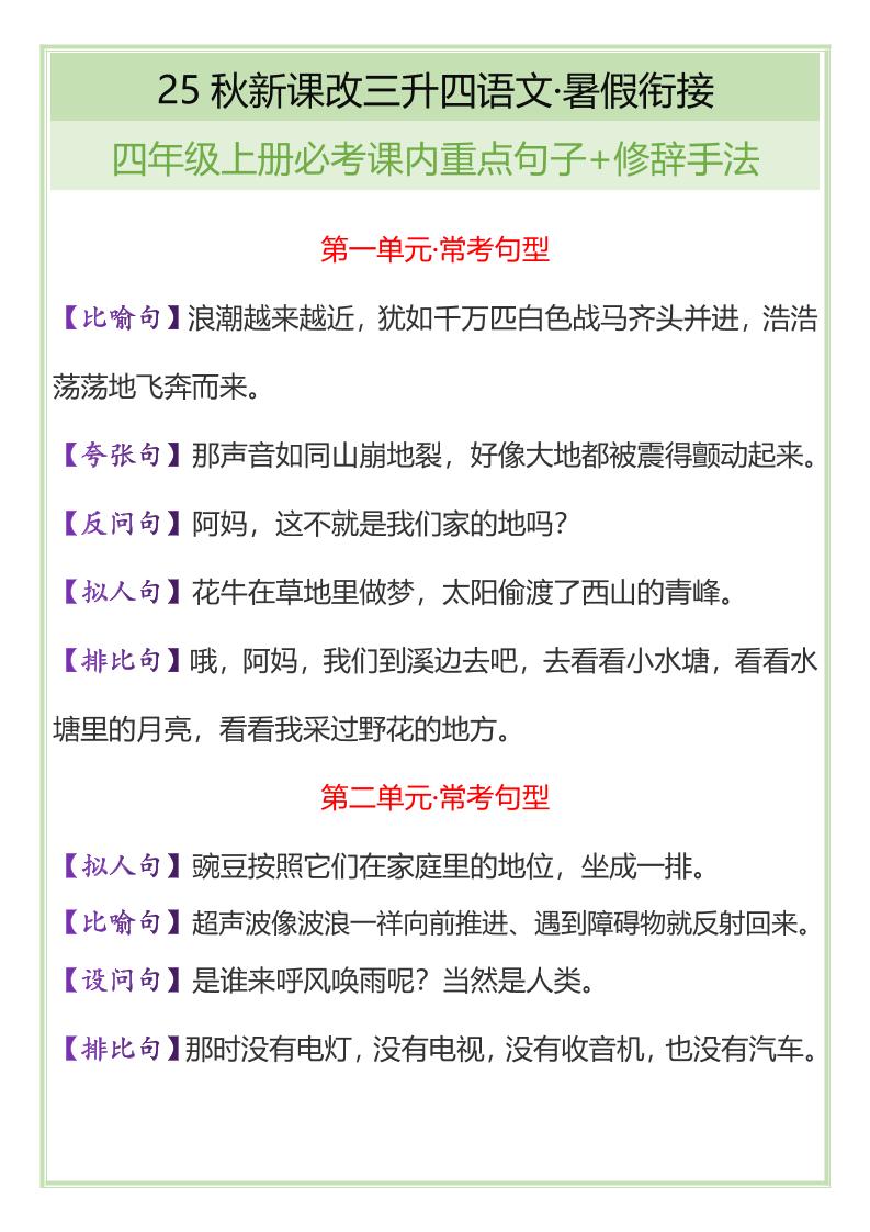 【2025秋新版】四年级上册语文必考课内重点句子+修辞手法-我爱发帖