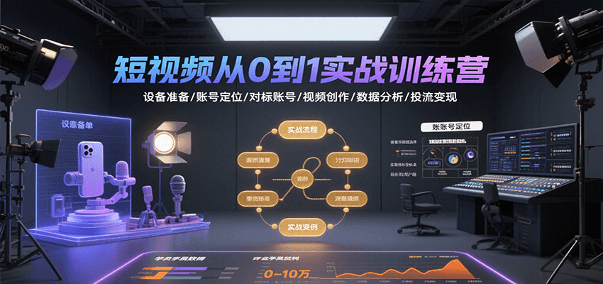 短视频从0到1实战训练营：设备准备/账号定位/对标账号/视频创作/数据分析/投流变现-我爱发帖