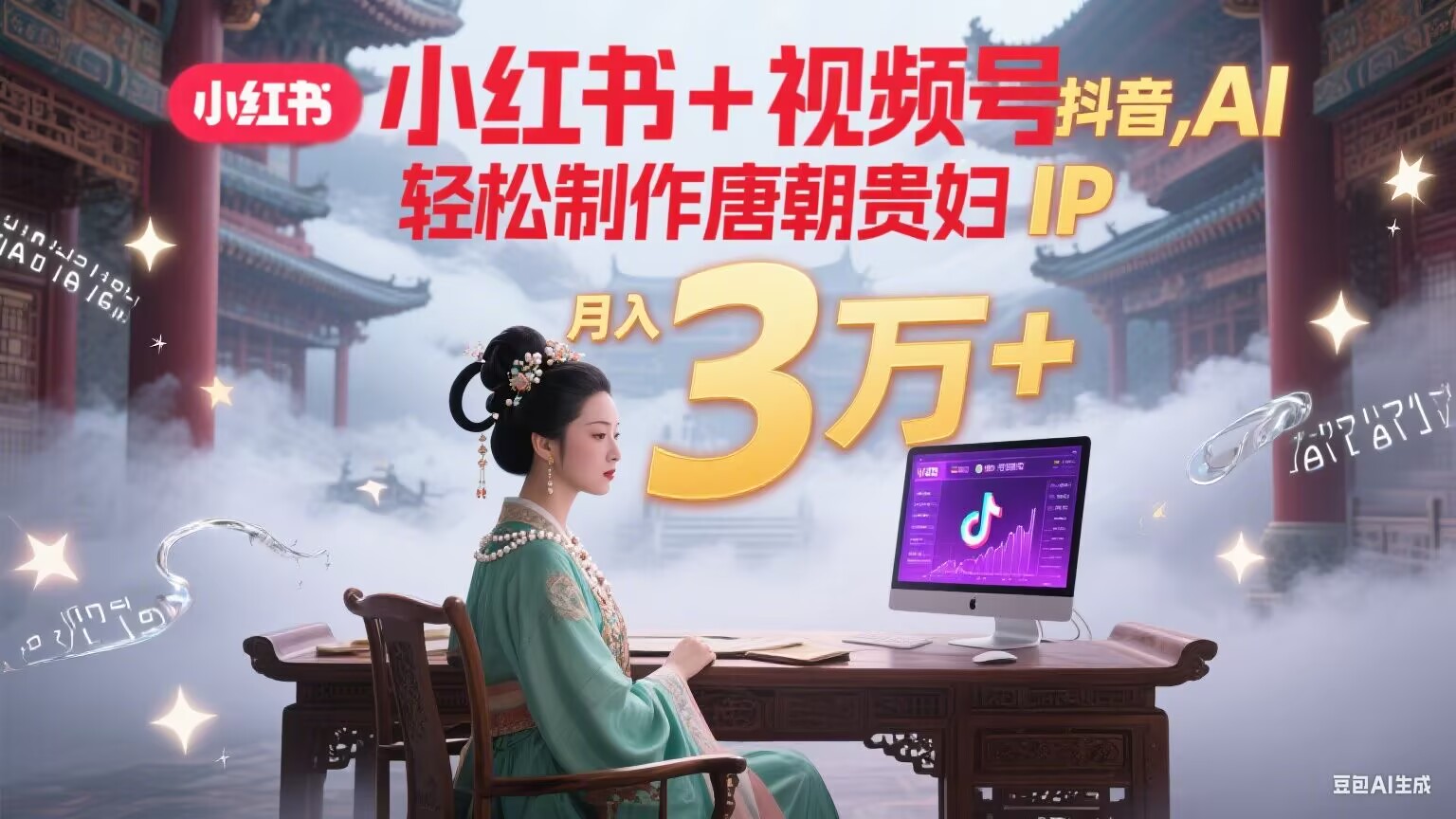 小红书+视频号+抖音，AI轻松制作唐朝贵妇IP，毒鸡汤、励志、减肥瘦身、养生赛道轻松切入，每天30分钟，轻松产出N条，月入3万+-我爱发帖