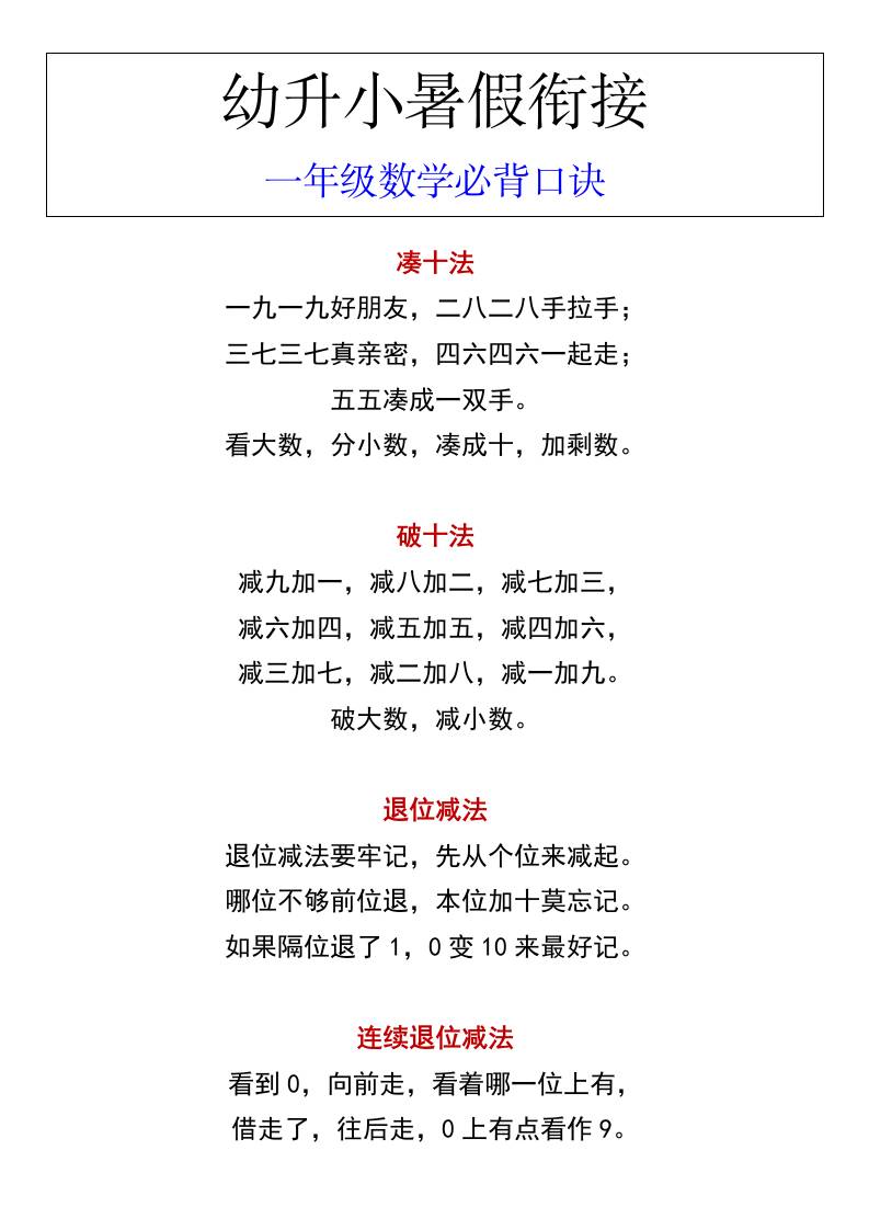 幼升小暑假衔接一年级数学必背口诀-我爱发帖