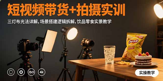 短视频带货+拍摄实训：三灯布光法详解,场景搭建逻辑拆解,饮品零食实景教学-我爱发帖