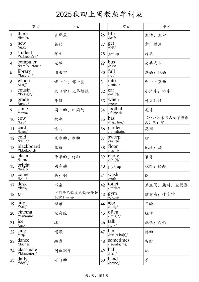 2025秋四上英语闽教版单词表-我爱发帖