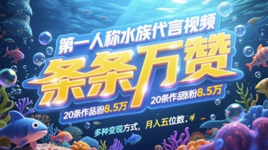 第一人称水族代言视频，条条万赞，20条作品涨粉7.8W，多种变现方式月入五位数-我爱发帖